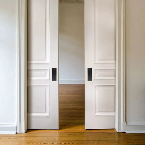 Finger Flush Pulls For Closet Pocket Sliding Barn Doors Set With Recessed Matte Black Rectangular Plate Handles Includes Mounting Hardware Heavy Duty Satin Black Finish Durable For High Use Closets And Interior Doors installed on white pocket doors