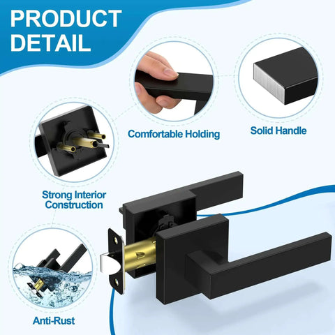 10 Pack Matte Black Interior Door Handles and Passage Door Levers with strong zinc alloy, anti-rust features, and reversible design.