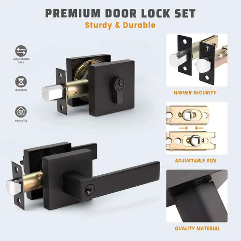 Matte Black Front Door Handle And Deadbolt Set With Keyed Entry Heavy Duty Exterior Lock Kit displayed with security features.