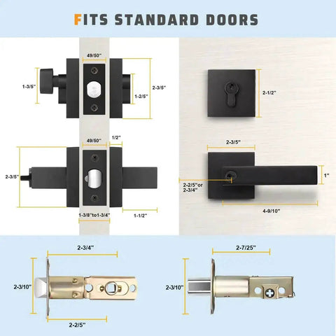 Diagram showing measurements of Matte Black Front Door Handle And Deadbolt Set With Keyed Entry Heavy Duty Exterior Lock Kit.