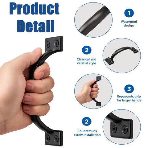 4 Pack 6 Inch Bow Door Handles Matte Black Vintage Rustic Pulls For Barn Doors Sheds Cabinets Gates And Outdoor Fences Durable Cold Rolled Steel Rustproof Hardware Ideal For Rustic Farmhouse Interiors And Outdoor Installations With Easy Mounting Hardware shown with ergonomic grip and countersunk screws