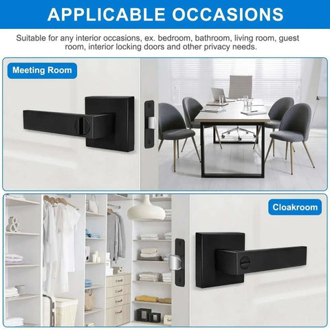Matte Black Door Handles 10 Pack Privacy Levers For Interior Doors in meeting and cloakroom settings, showing reversible flat lever with square rosette.