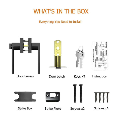 Heavy Duty Matte Black Interior Door Handles Kit 5 Pack with door levers, door latch, keys, instruction, strike box, strike plate, screws.
