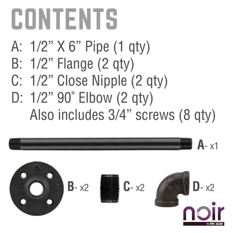 Contents of 1/2 In X 6 In Matte Black Pipe Sliding Barn Door Handle Kit including pipe, flanges, nipples, and elbows.