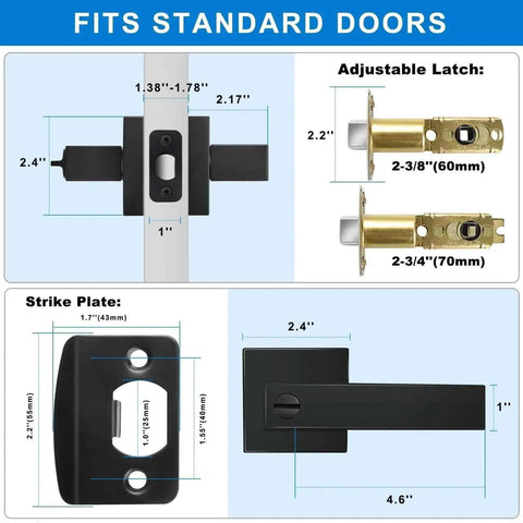 Matte Black Door Handles 10 Pack Privacy Levers For Interior Doors with adjustable latch, strike plate dimensions shown.