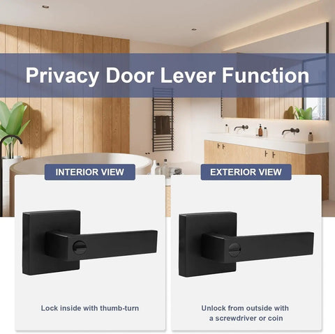 Interior view of 5 Pack Matte Black Interior Door Handles For Bedrooms And Bathrooms With Keyless Privacy Lock shown with lock mechanism.