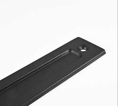 Flush Sliding Barn Door Handle Heavy Duty Finger Pull With Rectangular Plate Matte Black Finish Ideal For Sliding Barn Doors Cabinets Closets And Drawers No Sharp Edges Smooth Operation Durable Rust Resistant Construction One Piece Eight Point Six Six showing front view