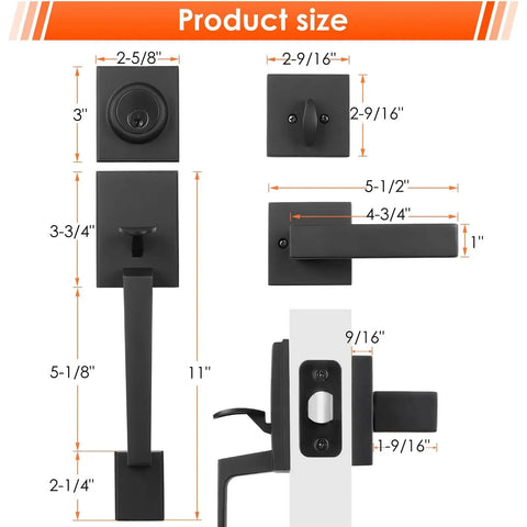 Size dimensions of Matte Black Double Door Handle Set With Keyed Deadbolt And Dummy Lever For Double Doors.