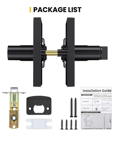 Black Door Handle Set For Interior Doors, Built To Last Heavy Duty Privacy Lever, installation guide and components in package list