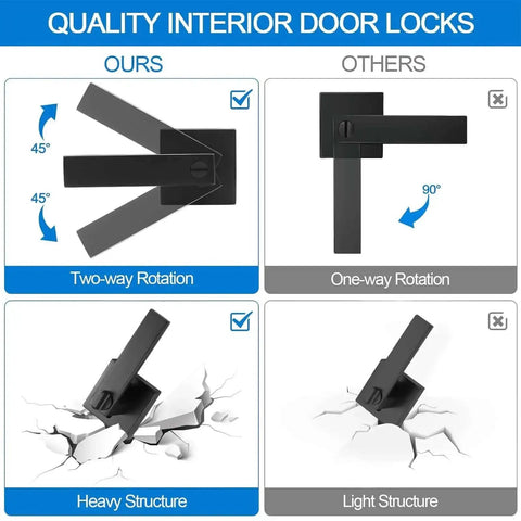 Comparison of matte black door handles showing two-way rotation and heavy structure for Matte Black Door Handles 10 Pack Privacy Levers For Interior Doors Built Tough Heavy Duty Bed And Bath Door Locks And Knobs Reversible Flat Levers With Square Rosette Keyless Option Modern Durable Hardware