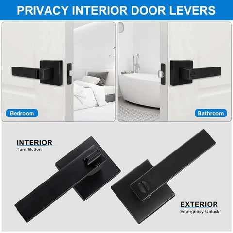Matte Black Door Handles 10 Pack Privacy Levers For Interior Doors Built Tough with square rosette shown in bedroom and bathroom