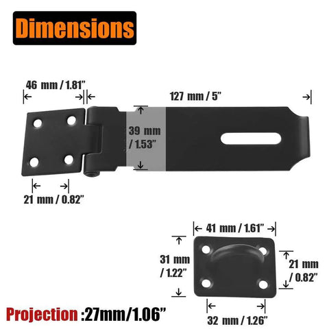 Diagram showing dimensions of 5 Inch Door Hasp Latch Lock In Matte Black 304 Stainless Steel Rustproof 1.9 Mm Thick Safety Packlock Clasp