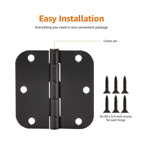 Sturdy Rounded Five Eighths Radius Interior Door Hinges 3.5 Inch By 3.5 Inch Matte Black 18 Pack Steel Construction with screws