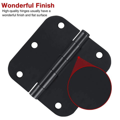 Interior Matte Black Door Hinges Three Point Five Inch Thirty Pack Radius Rounded Corners With Six Holes Includes One Hundred Eighty Screws For Easy Install Rotates Two Hundred Seventy Degrees Ideal For Doors Cabinets Wooden Boxes Homes Apartments, close-up on hinge