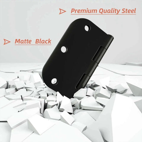 18 Pack Black Matte Interior Door Hinges 3.5 Inch By 3.5 Inch Rounded 5/8 Radius Heavy Duty Hinges on shattered surface