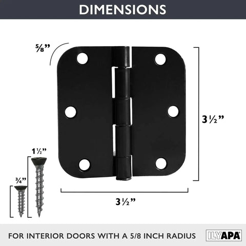 18 Pack Matte Black Interior Door Hinges 3 1/2 By 3 1/2 Inches With 5/8 Radius Corners, dimensions and screws shown.