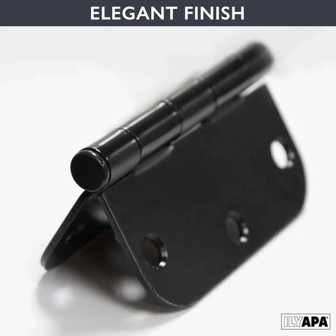 Close-up of matte black interior door hinge with 3-1/2 in x 3-1/2 in dimensions, part of 18 pack for home, closets, bathrooms.