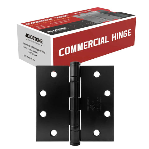 3 Pack Commercial Grade Ball Bearing Door Hinges 4-1/2 x 4-1/2 Full Mortise Matte Black JS-5BB2 UL Listed shown with packaging