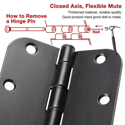 30 Pack Rounded Matte Black Door Hinges 3.5 Inch 5/8" Radius Interior with hinge pin removal guide