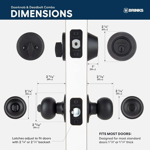 Diagram showing dimensions of Keyed Entry Door Knob And Deadbolt Combo 3 Pack Matte Black No Brainer Install With Keyed Alike Lock Set.