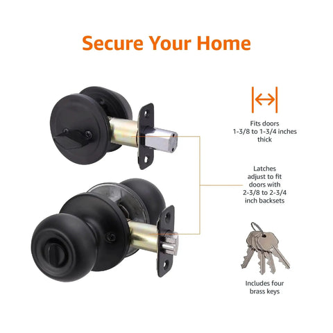 Secure exterior door entry with a durable knob and deadbolt, keyed alike for easy access, coastal matte black finish, brass body