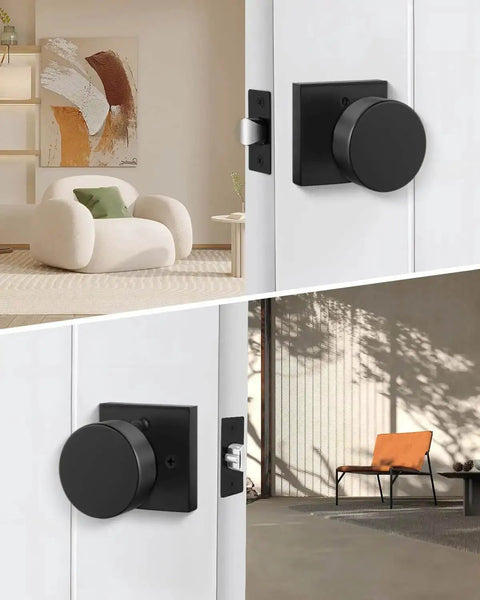Privacy Door Knobs Matte Black Set For Interior Doors, shown installed on white doors in a modern room and outdoor scene.
