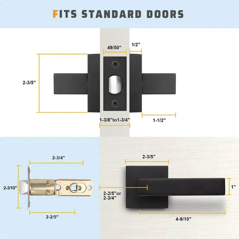 Matte Black Heavy Duty Built To Last Interior Door Handle Set With Square Classic Passage Knobs dimensions and installation view.