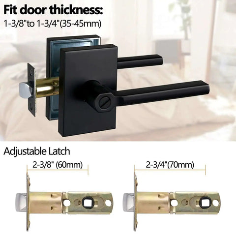 Long Plate Bed And Bath Room Door Lever With Privacy Lock Matte Black Finish Heavy Duty Interior Door Handle shown with adjustable backset options 60mm or 70mm for child proof button lock.