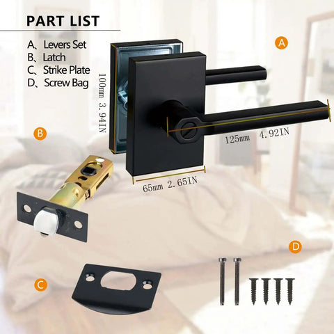 Long Plate Bed And Bath Room Door Lever With Privacy Lock Matte Black Finish, includes levers, latch, strike plate, and screws.