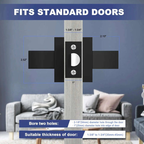 Diagram showing Matte Black Passage Door Lever Set Heavy Duty Square Interior Door Handles measurements for standard door compatibility.