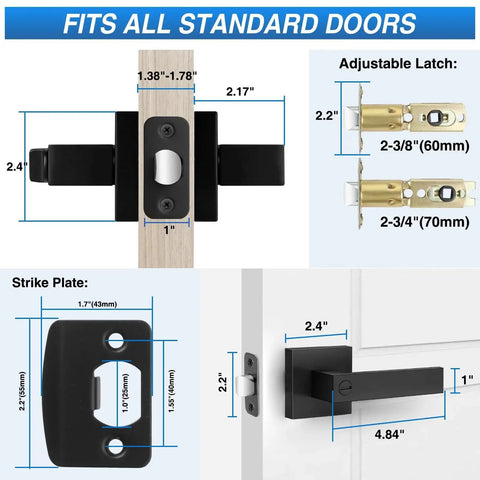 Dimensions and features of Six Pack Matte Black Privacy Door Levers with robust zinc alloy construction and brass components for privacy.