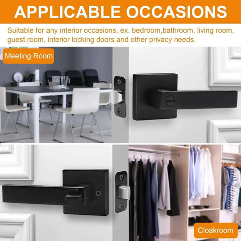 10 Pack Matte Black Privacy Door Levers With Keyless Interior Knobs Square Style Heavy Duty Door Locks for bedroom and bathroom use.