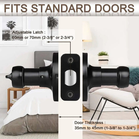 Six Pack Matte Black Door Handles Privacy Levers Heavy Duty Wave Style installed on standard bedroom door