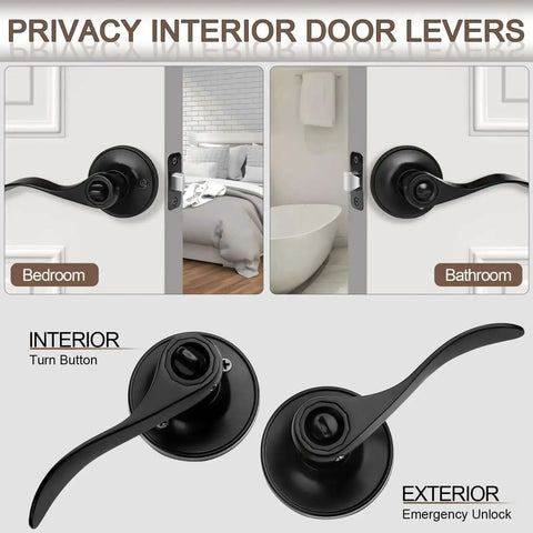 Privacy interior door levers installed on bedroom and bathroom doors, showing six pack matte black door handles privacy levers heavy duty wave style built to last bed and bath interior door knobs reversible levers for right or left handed doors.