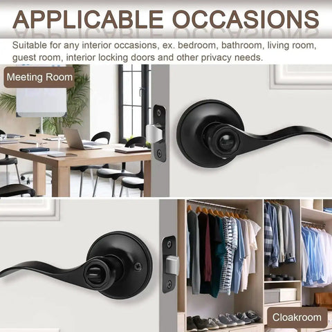 Matte Black Door Handles Set 10 Pack Privacy Levers installed on doors in meeting room and cloakroom