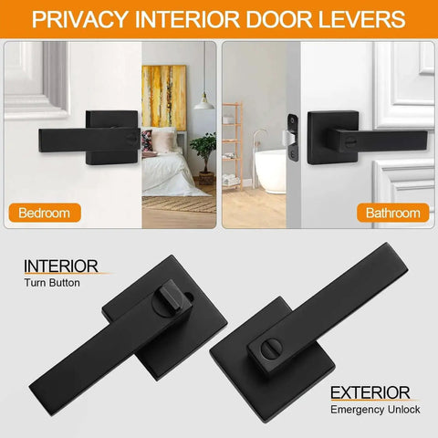 10 Pack Matte Black Privacy Door Levers With Keyless Interior Knobs Square Style shown on bedroom and bathroom doors
