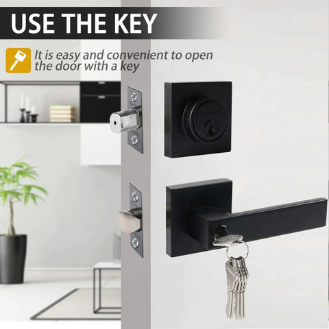 Matte Black 3 Pack Exterior Door Lock Set With Deadbolt And Front Door Handle Set Keyed Alike displayed on door.
