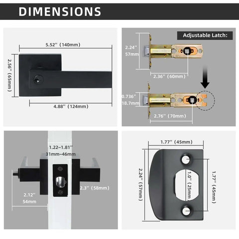 Dimensions of Entry Door Lock Set With Square Door Lever For Bedroom And Privacy, Heavy Duty Interior Exterior Door Knob, ANSI Grade 3