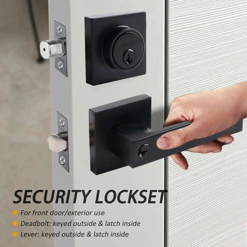 Hand installing Matte Black 3 Pack Exterior Door Lock Set With Deadbolt And Front Door Handle Set Keyed Alike for left or right swing.