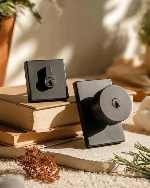 Matte Black Exterior Door Lock Set With Square Contemporary Knob And Deadbolt, Heavy Duty Front Door Hardware placed on books