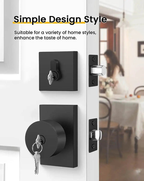 Installed Matte Black Exterior Door Lock Set With Square Contemporary Knob And Deadbolt, enhancing modern home entry aesthetics.