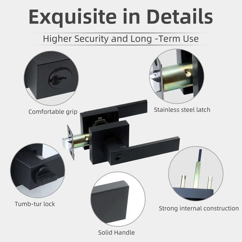 Entry Door Lock Set With Square Door Lever For Bedroom And Privacy, Heavy Duty Interior Exterior Door Knob, details view