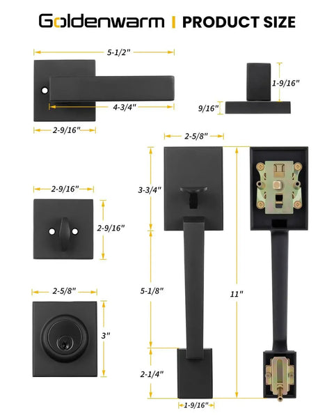 Matte Black Double Front Door Lock Set With Reversible Lever Handle dimensions shown on size guide