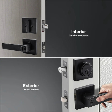 Heavy Duty Matte Black Door Lock Set With Entry Lever And Single Cylinder Deadbolt Keyed Alike, interior and exterior view