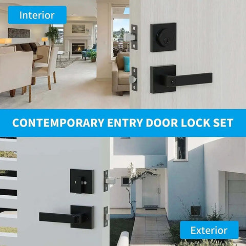 Keyed Alike Heavy Duty Exterior Front Door Lock Set With Entry Door Handle And Single Cylinder Deadbolt Matte Black Finish installation view