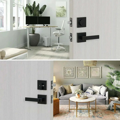 Keyed Alike Heavy Duty Exterior Front Door Lock Set With Entry Door Handle And Single Cylinder Deadbolt Matte Black Finish installed