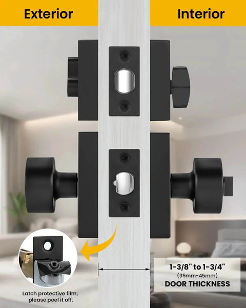 Matte Black Exterior Door Lock Set With Square Contemporary Knob And Deadbolt installed on door, showing exterior and interior views