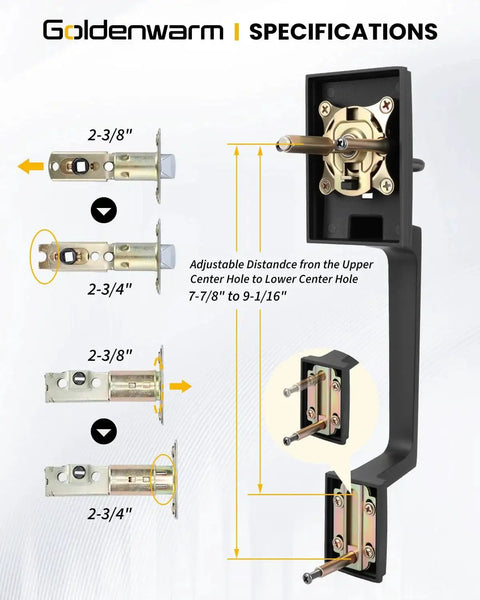 Specifications for Matte Black Double Front Door Lock Set With Reversible Lever Handle And Dummy Exterior, with dimensions and parts shown.