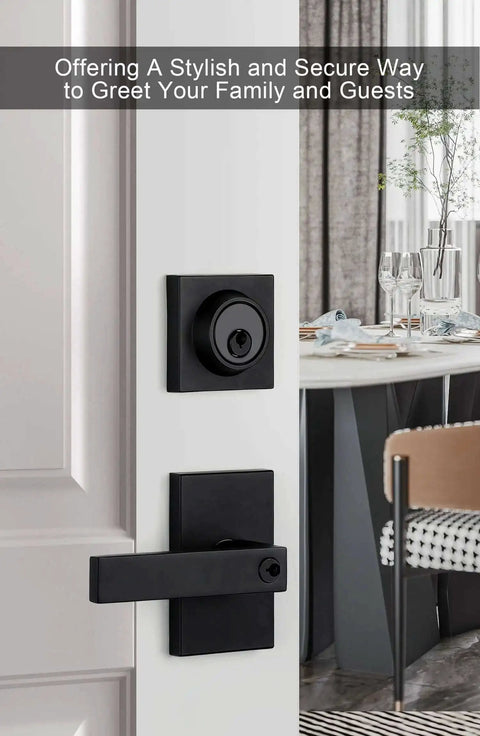 Matte Black Exterior Front Door Lock Set With Deadbolt Square Contemporary Design installed on a white door indoors