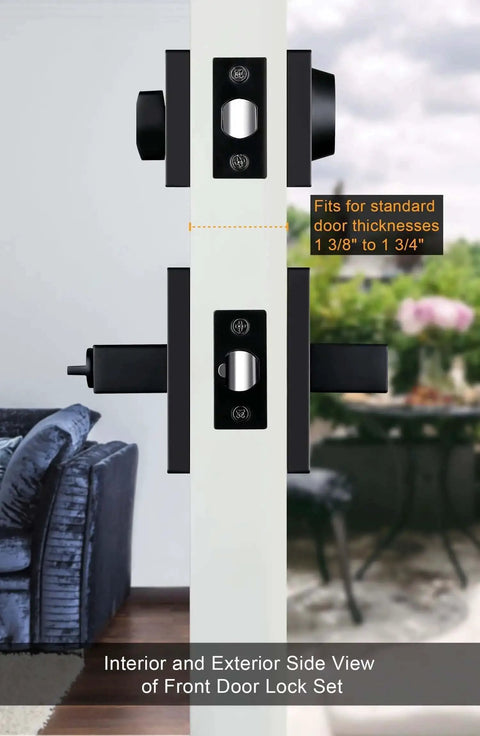 Side view of Matte Black Exterior Front Door Lock Set With Deadbolt Square Contemporary Design Heavy Duty Zinc Alloy Exterior Door Handle 1 Pack